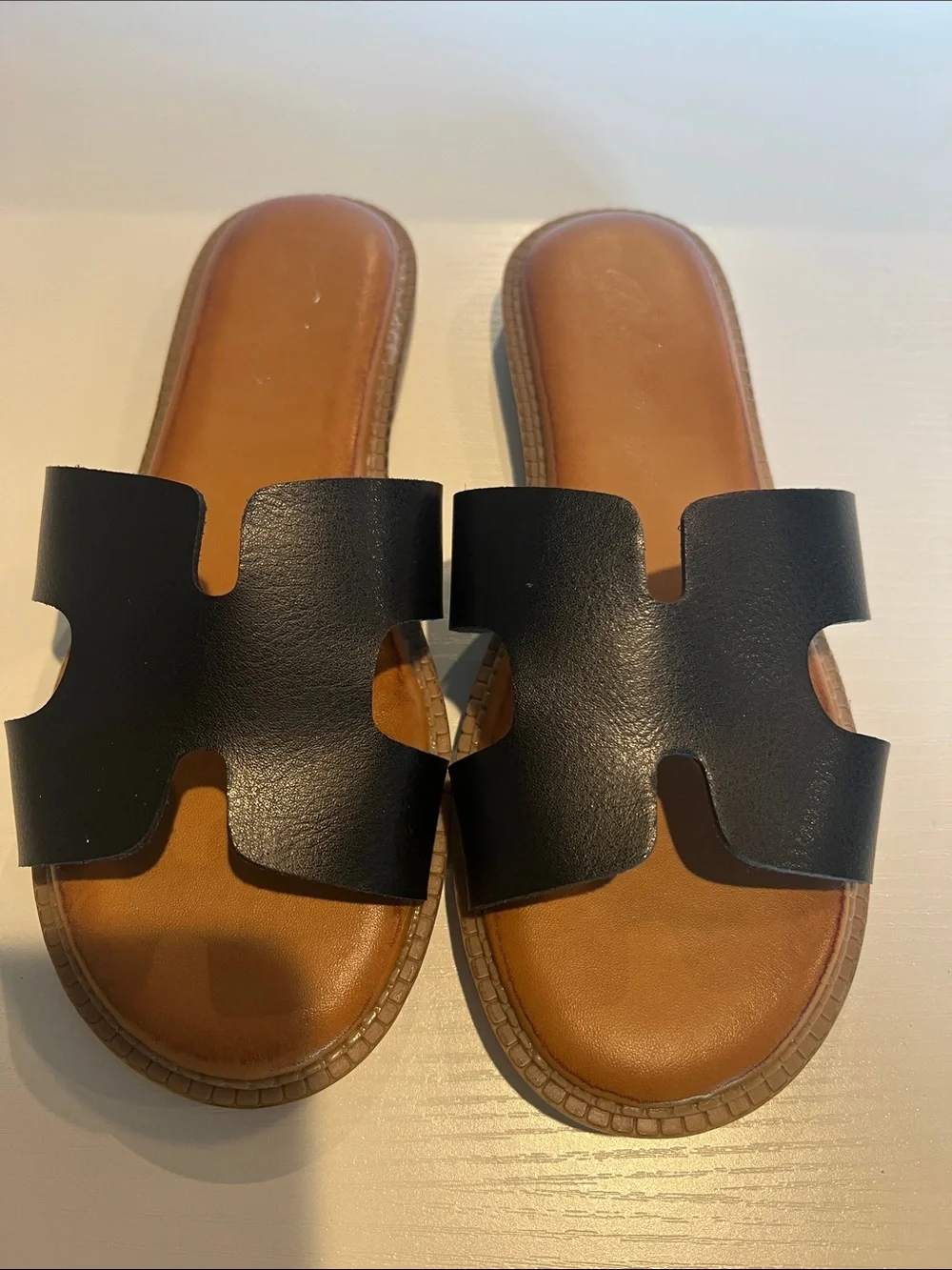 Women's Black Slide Sandals with Tan Footbed